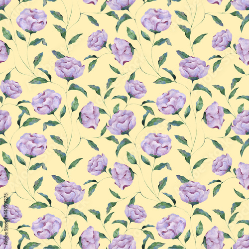 Seamless watercolor pattern of lilac peony flowers on a yellow background. Botanical illustration for packaging design, texture, fabric, wallpaper, website, postcard.