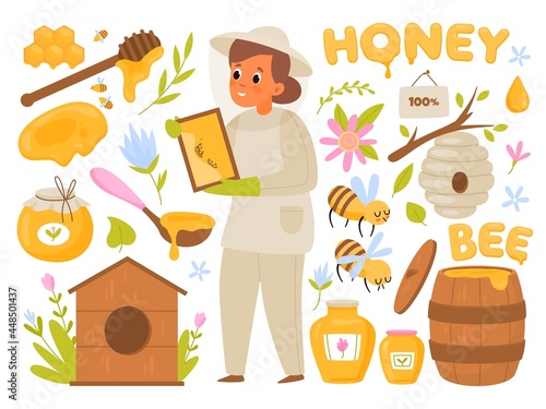 Bee products. Organic honey, healthy sweets, beekeeper woman collects honey from hives, natural sugar, flower pollen and honeycombs. Organic bio food vector cartoon flat isolated set