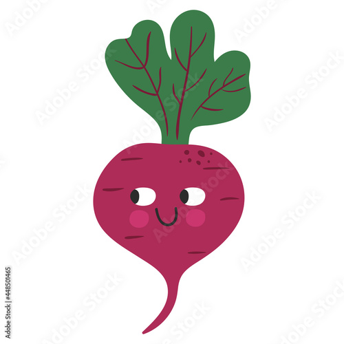 Cute and funny cartoon beet with face expression. Healthy food doodle vegetable vector illustration. Harvest object in flat style showing emotions. Ingredient for salad