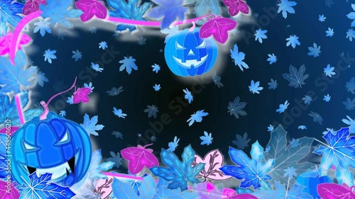 beautiful autumn animation with leaves and pumpkins in neon color