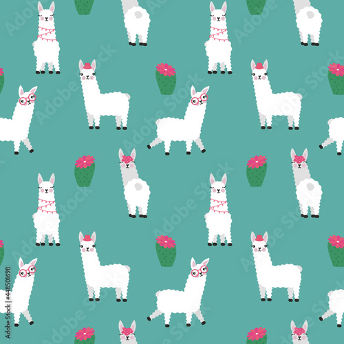 Cute llamas with cactus pattern isolated vector illustration. Funny animals poster.