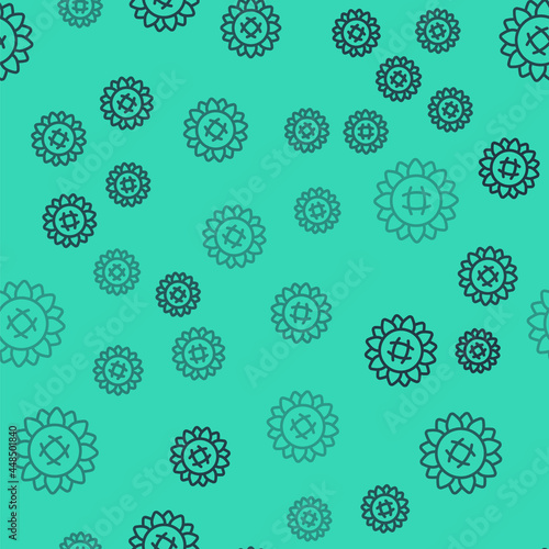 Black line Sunflower icon isolated seamless pattern on green background. Vector