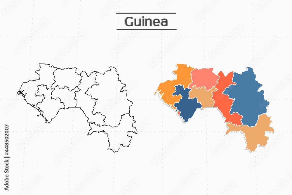 Guinea map city vector divided by colorful outline simplicity style. Have 2 versions, black thin line version and colorful version. Both map were on the white background.