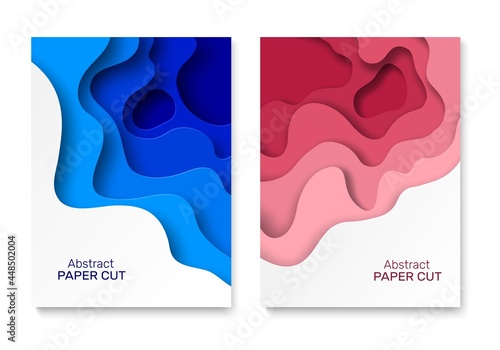 Cut out background paper. Abstract paper cut shapes, colourful curved layers with shadow. Blue and pink waves, banner or poster vertical template with copy space, flyer or brochure vector set