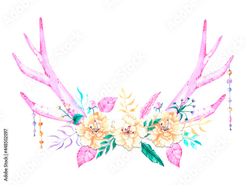 Watercolor illustration of pink horns with plants Art for your design. The drawn elements of the clipart. © SashaKondr