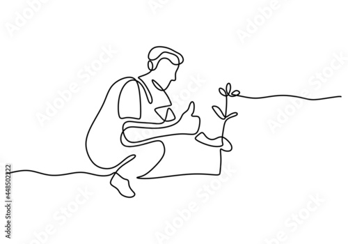 Man panting a plant and growing continuous one line art drawing style isolated on white background minimalist style. Farming activities, back to nature concept. Vector illustration