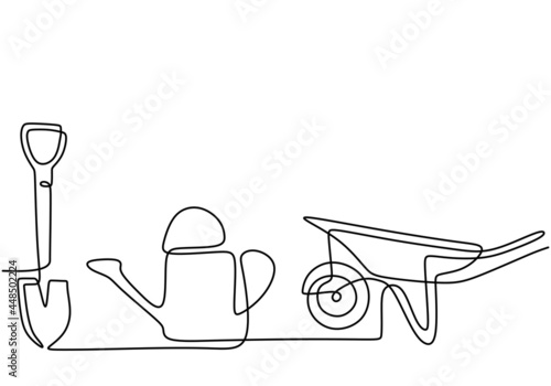 Garden wheelbarrow, watering can, and shovel in continuous one line drawing. Farmer equipment isolated on white background. Gardening and planting concept. Vector illustration minimalist design