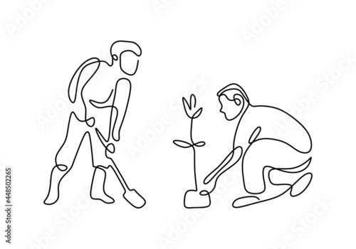 One single line drawing two man digging ground using shovel to planting a plant at home garden. Environment Earth Day single line art minimalist design. Concept of growing and love earth
