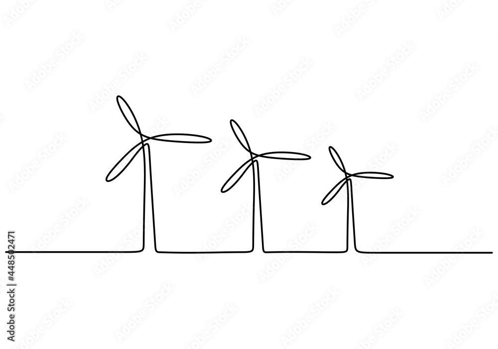 Continuous one line drawing set windmills or wind turbines hand drawn ...