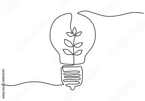 Continuous one line drawing of electric light bulb isolated on white background. The concept green energy and environmental friendly sources. Vector illustration minimalist design