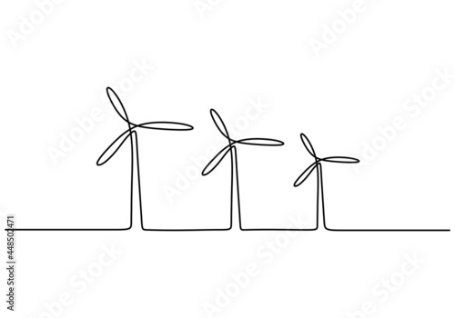 Continuous one line drawing set windmills or wind turbines hand drawn line art minimalist style isolated on white background. Green ecology energy farm concept. Vector sketch illustration