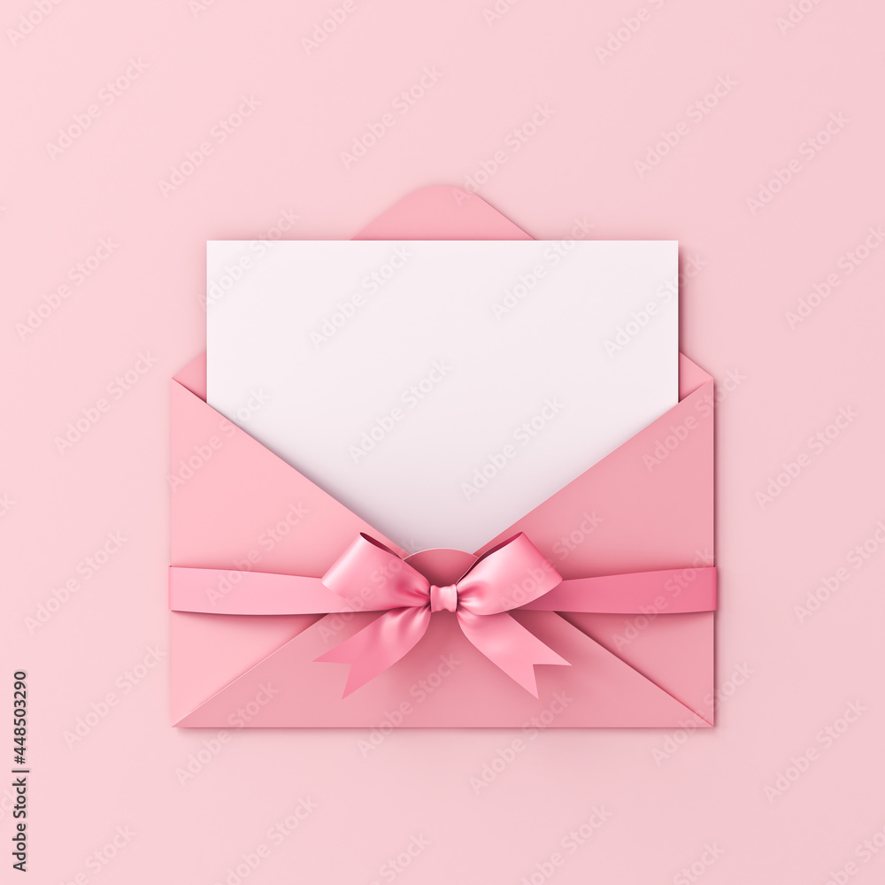 Blank note paper in pink envelope with pink ribbon bow isolated on pink pastel color background with shadow gift voucher card minimal conceptual 3D rendering