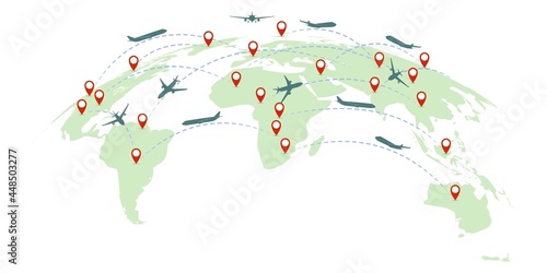 Air service. Earth map with continents, international plane flight, airplane trace in sky, airports in different countries, world global communication, delivery and travel. Vector concept