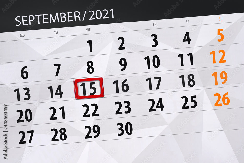 Obraz premium Calendar planner for the month september 2021, deadline day, 15, wednesday