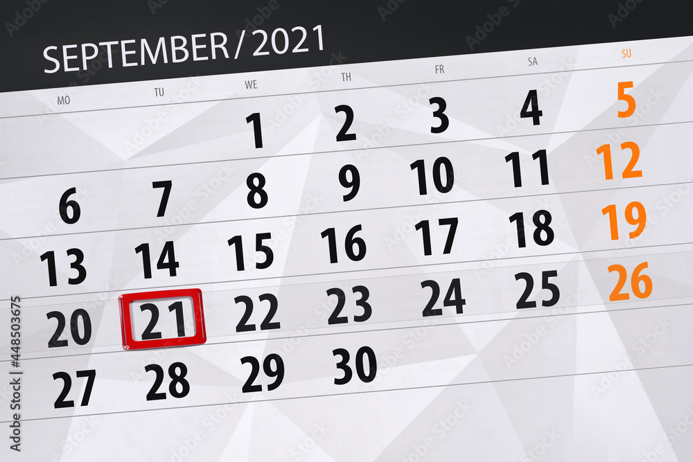 Obraz premium Calendar planner for the month september 2021, deadline day, 21, tuesday