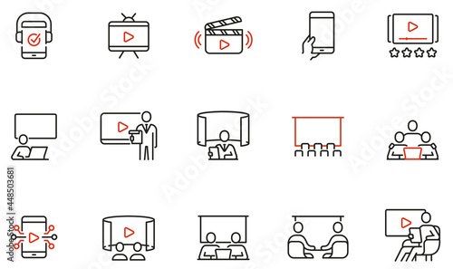 Vector Set of Linear Icons Related to Video Content, Media Product and Joint Viewing. Mono Line Pictograms and Infographics Design Elements