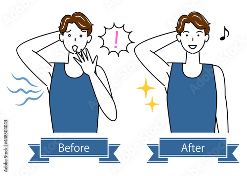 スキンケア 腋臭 不快な脇の下の臭いのビフォーアフター 可愛い男性のイラスト シンプル ベクター