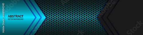 Blue and black arrows on a blue neon hexagonal grid. Geometric shapes on a hexagonal red grid.