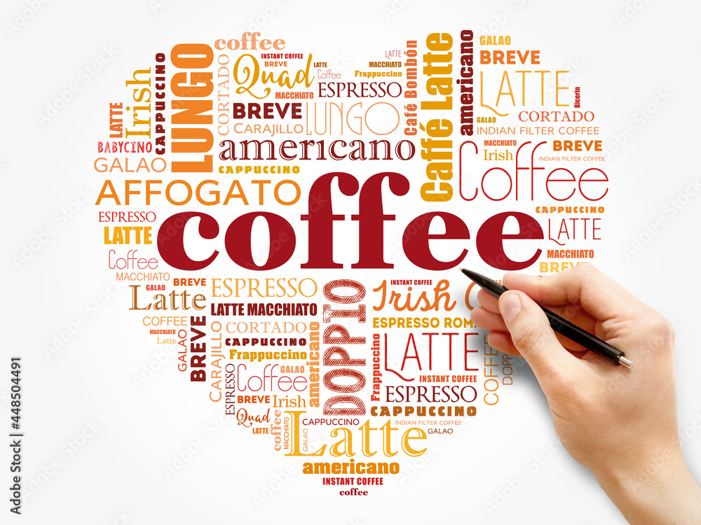 List of coffee drinks composed in love sign heart shape, words cloud collage, poster background List of coffee drinks composed in love sign heart shape, words cloud collage, poster background