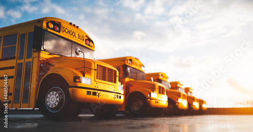 Canvas Print Yellow school bus fleet on parking