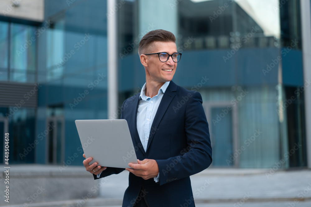 Business. Businessman Using Laptop Outdoor Summer Day Business. Businessman Using Laptop Outdoor Summer Day