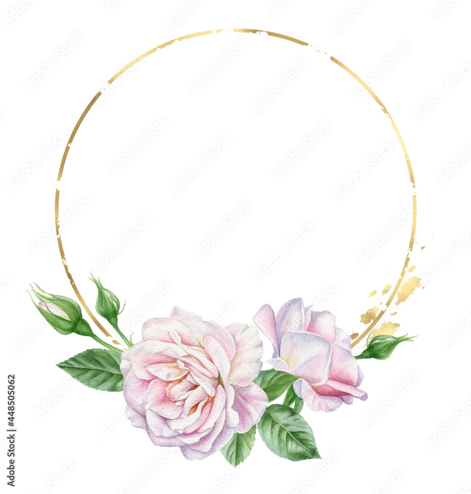 Round gold frame with a watercolor composition of white pink roses