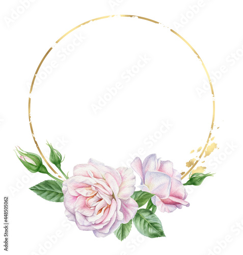 Round gold frame with a watercolor composition of white pink roses