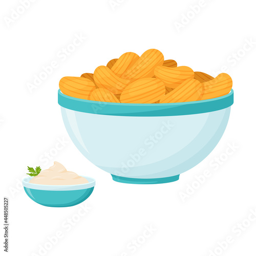 A blue bowl with potato chips and white sour cream sauce with herbs. Fast food, snack, bad for teeth. Fatty, high-calorie food. Flat cartoon style, isolated on a white.Color vector illustration