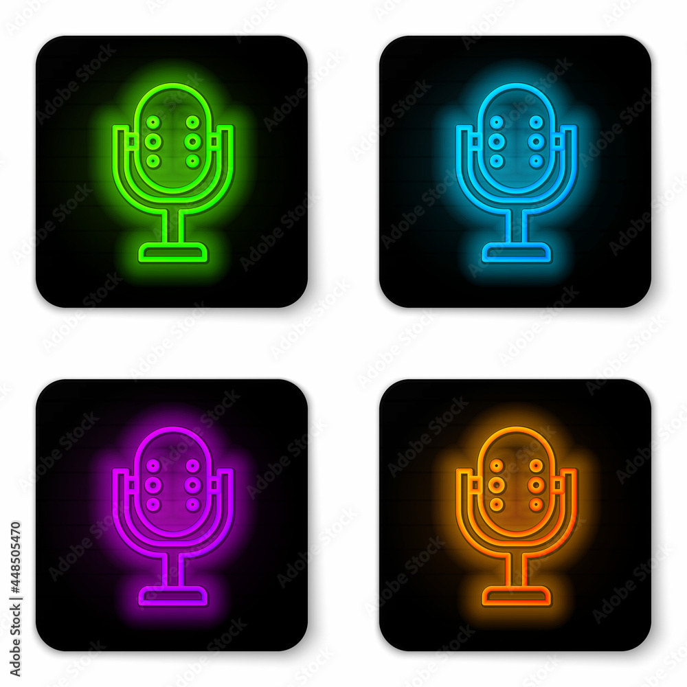 Glowing neon line Microphone icon isolated on white background. On air radio mic microphone. Speaker sign. Black square button. Vector Glowing neon line Microphone icon isolated on white background. On air radio mic microphone. Speaker sign. Black square button. Vector