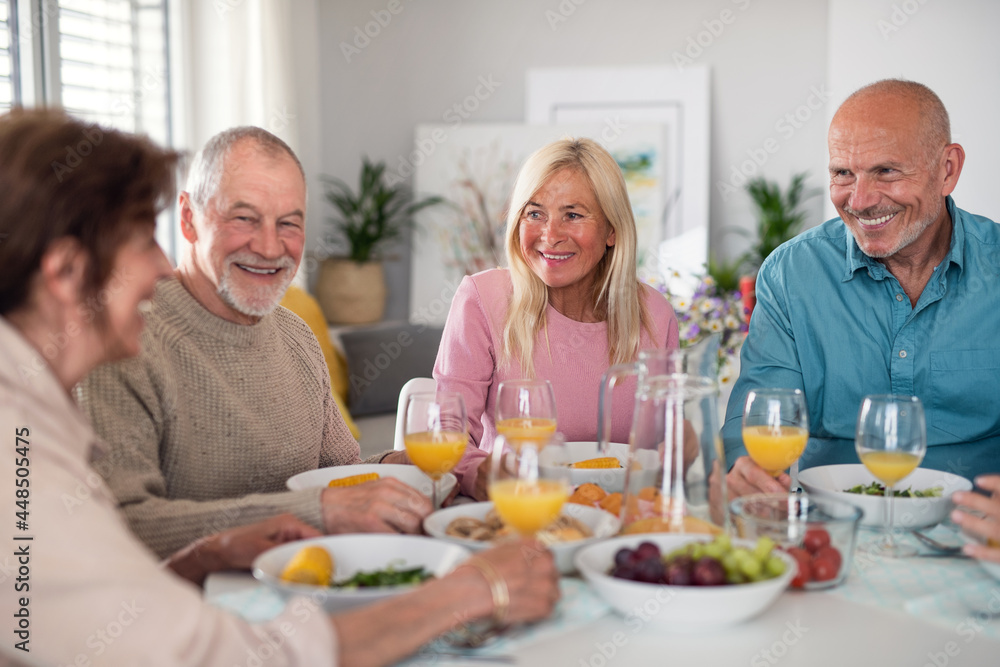 Group of senior friends having party indoors, talking when eating at the table. Group of senior friends having party indoors, talking when eating at the table.