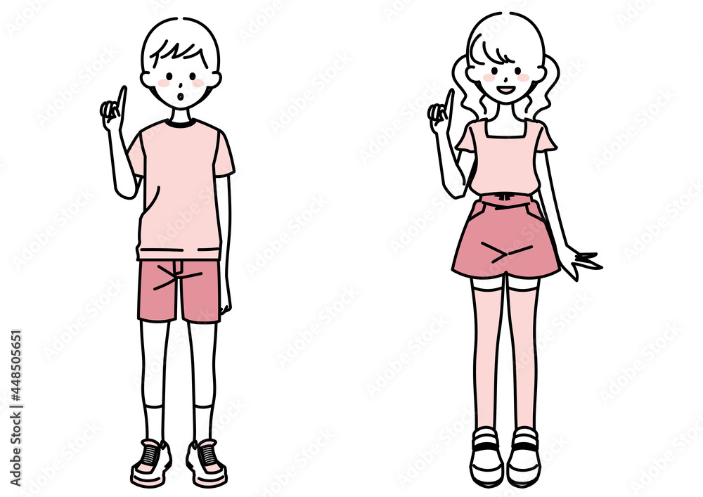 指を立てる小学生男女セット 指を立てる小学生男女セット