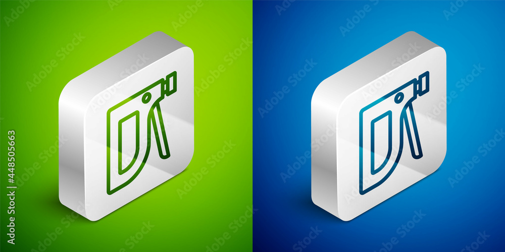 Isometric line Construction stapler icon isolated on green and blue background. Working tool. Silver square button. Vector Isometric line Construction stapler icon isolated on green and blue background. Working tool. Silver square button. Vector