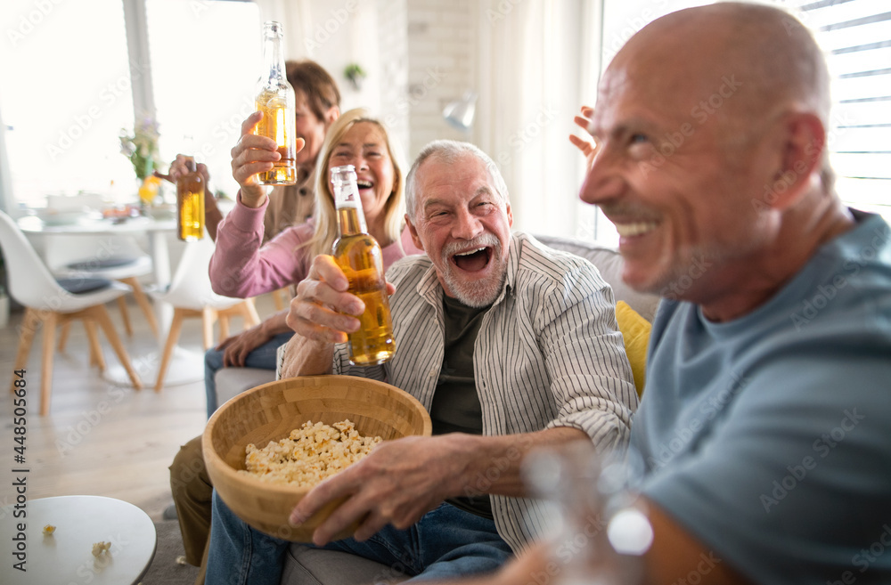Group of senior friends watching movie indoors, party, social gathering and having fun concept.