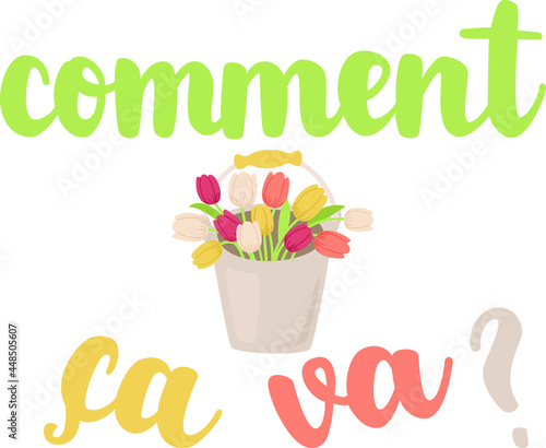 "Comment ca va?" French hand written lettering with a bucket of tulips. In English means "How are you?". Vector cartoon illustration.