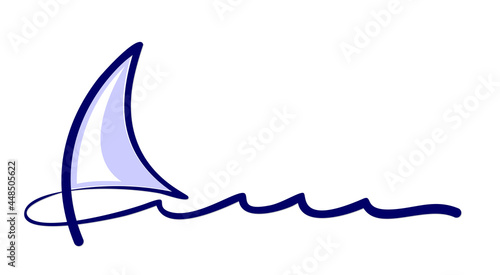 One line symbol of blue sailboat in the sea. 