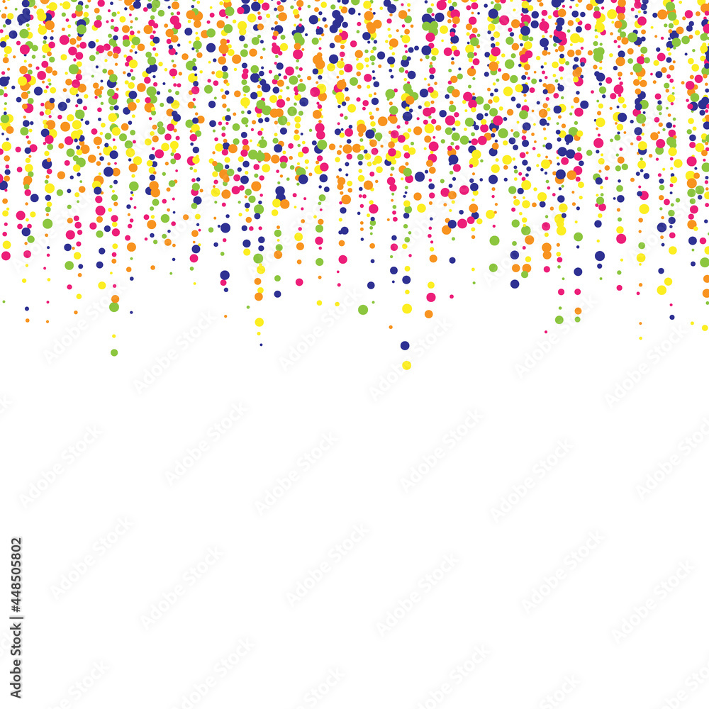 Festive background with multicolored confetti. Yellow, pink, blue circles but against a white background. Flying confetti.