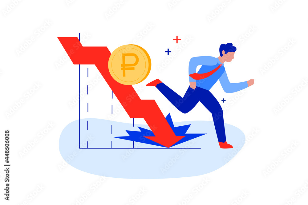 Flat man running away from bankruptcy, debt, financial crisis or cash losses. Global economic money problem, stock collapse or economy crash concept. Person and falling arrow. Investment failure.