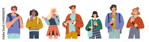 Young modern people looking on smartphones and chatting. Flat teenagers using mobile phone for communicate. Men and women holding gadgets in hands and typing messages. Online communication concept.
