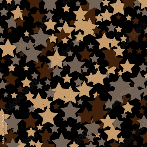 Star of confetti. Falling starry background. Random stars shine on a black background. Flying confetti. Suitable for your design, cards, invitations, gifts.