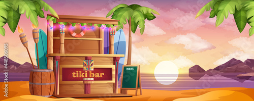Wooden tiki bar on on sea beach at sunset. Vector cartoon hut with tribal masks, snacks and drinks. Tropical landscape with ocean, palm trees and cafe at evening. Exotic vacation and travel concept.