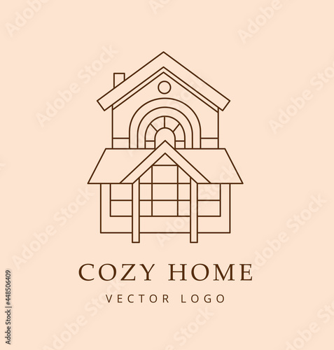 House. Cozy home emblem. Minimalistic outline simple vector logo for real estate, renovation, home repairs, construction company, home decor shop, interior design studio. Linear vector illustration.