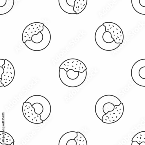 Grey line Donut with sweet glaze icon isolated seamless pattern on white background. Vector