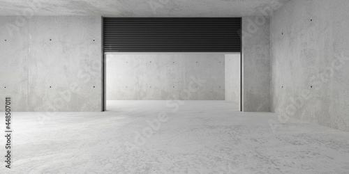 Empty modern abstract concrete room with open rolling gate on back wall and rough floor, product presentation template background