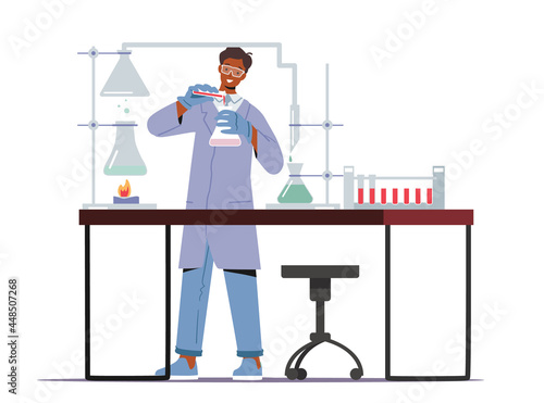 Man Scientist Wearing Lab Coat Holding Beaker Conducting Chemical Experiment in Science Laboratory. Chemical Scientific Research