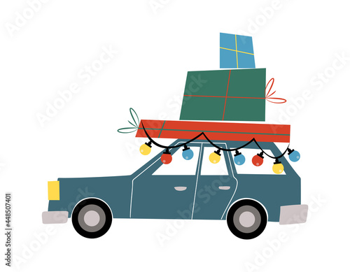 Cute family car decorated with colorful light bulbs taking home boxed gifts for Christmas on the roof flat vector illustration