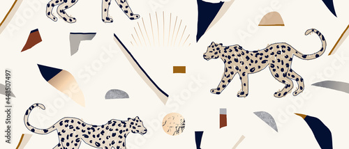 Hand drawn boho pattern with leopards. Creative collage contemporary seamless pattern. Fashionable template for design.