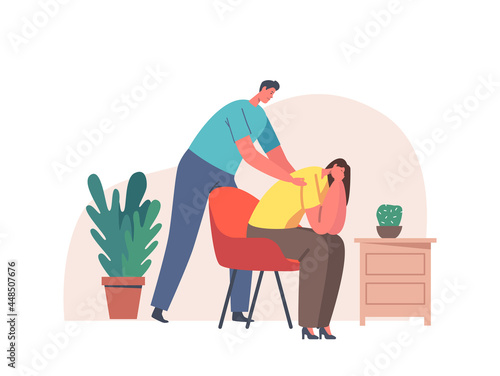 Male Character Giving Comfort and Support to Friend Woman Keeping Palm on Her Shoulders. Girl Feeling Stress, Loneliness