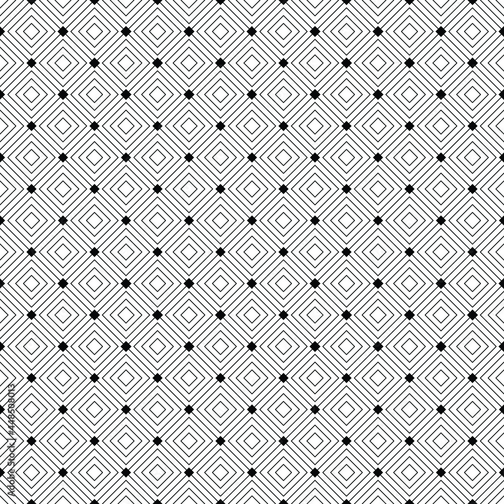 Seamless geometric vector repeat pattern. Black and white diagonal squares offset and black dots texture. Tiles, wallpaper or wrapping paper. Seamless geometric vector repeat pattern. Black and white diagonal squares offset and black dots texture. Tiles, wallpaper or wrapping paper.