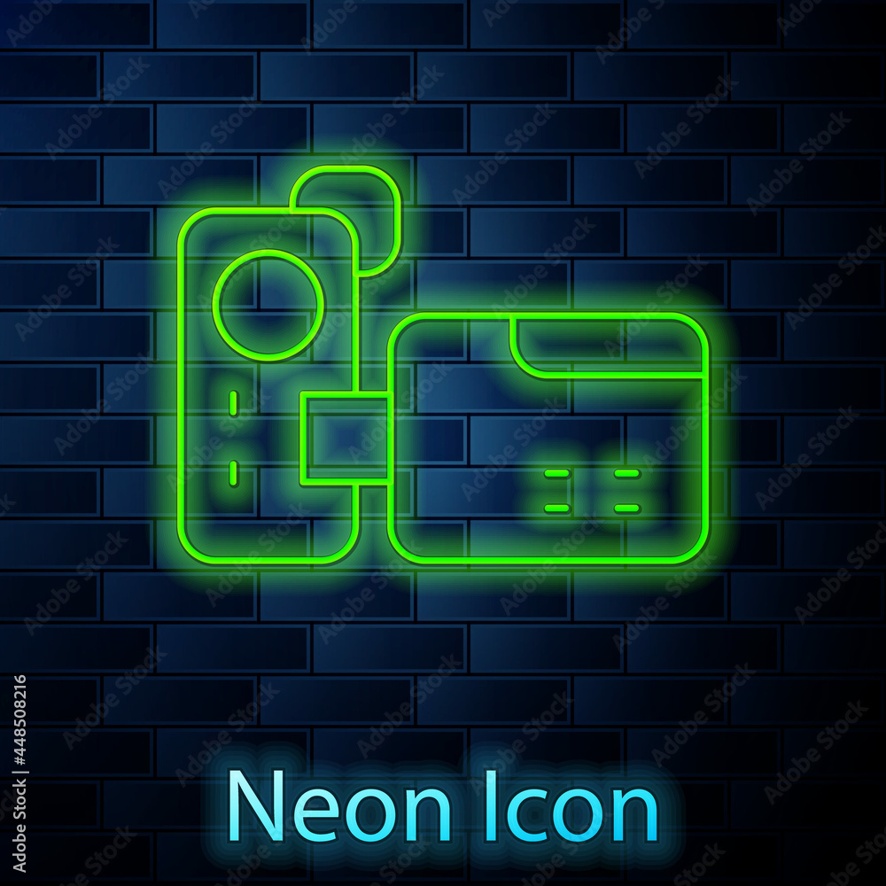 Glowing neon line Cinema camera icon isolated on brick wall background. Video camera. Movie sign. Film projector. Vector Glowing neon line Cinema camera icon isolated on brick wall background. Video camera. Movie sign. Film projector. Vector