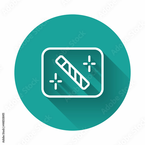 White line Photo retouching icon isolated with long shadow background. Photographer, photography, retouch icon. Green circle button. Vector
